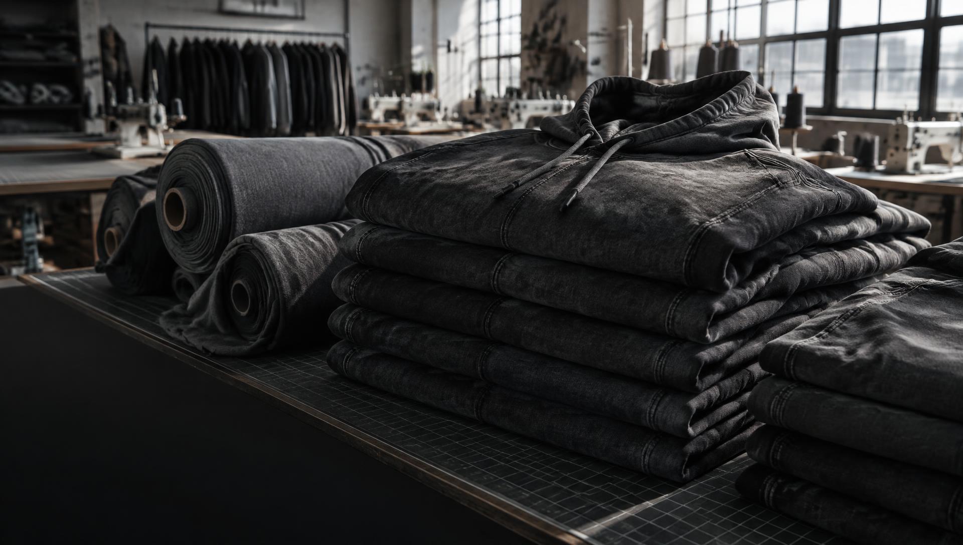 Hoodies und Stoffe im Produktionsatelier